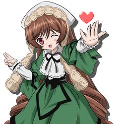  1girl blush brown_hair heart long_hair red_eyes rozen_maiden simple_background smile solo suiseiseki takumi_(rozen_garten) very_long_hair white_background wink 
