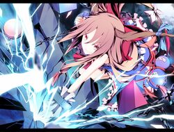  brown_hair chain chains cube gourd grin horns ibuki_suika ichiyan letterboxed long_hair pyramid red_eyes skirt smile solo sphere touhou wrist_cuffs 