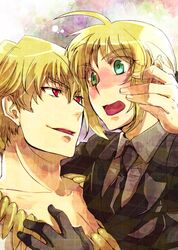  1girl black_gloves blonde_hair blush couple fate/zero fate_(series) formal gilgamesh gloves green_eyes jewelry long_hair necklace necktie pant_suit ponytail red_eyes saber suit yu@genkoochu(5tsukino) 