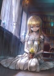  blonde_hair blue_eyes book bookshelf candle couch curtains dress flower flower_pot garuku highres jewelry long_hair necklace original pendant smile solo staff vase window 