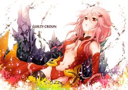  bodysuit breasts center_opening cleavage elbow_gloves engrish gloves guilty_crown leotard long_hair navel pink_hair ranguage red_eyes thighhighs twintails yuzuriha_inori 