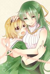  ai_(boredom) aiboredom blonde_hair brown_eyes fang green_eyes green_hair hair_ribbon hairband highres higurashi_no_naku_koro_ni houjou_satoko long_hair multiple_girls open_mouth ribbon short_hair sonozaki_shion 
