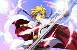  armor blonde_hair blue_eyes cape dog_days headband male shinku_izumi short_hair staff suiya 