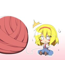  alice_margatroid ball_of_yarn blonde_hair blush capelet chibi hairband long_skirt necktie open_mouth senba_chidori short_hair skirt solo sweatdrop tied_up touhou yarnball 