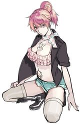  ao_no_exorcist arm_support bikini_top boots breasts cleavage cutoffs denim denim_shorts frills hair_bun kirigakure_shura long_hair looking_at_viewer midriff noako red_eyes red_hair redhead rough short_shorts shorts simple_background solo squatting tattoo thigh-highs thighhighs white_background white_legwear zettai_ryouiki 