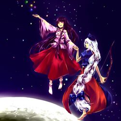  black_hair blue_eyes bow_(weapon) braid branch cea dress hair_ribbon hat hime_cut houraisan_kaguya jeweled_branch_of_hourai long_hair moon multiple_girls nurse_cap red_eyes ribbon silver_hair sky star_(sky) starry_sky touhou very_long_hair weapon yagokoro_eirin 