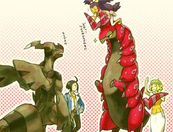  ahoge bel_(pokemon) black_hair blonde_hair cheren_(pokemon) glasses hat iris_(pokemon) long_hair pokemon pokemon_(game) pokemon_bw riding scolipede shining short_hair translation_request whitewashed zekrom 