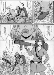  2boys chie_rumiko comic gun hand_on_hip highres higurashi_no_naku_koro_ni monochrome multiple_boys neosagi open_mouth parody rifle rocket_launcher shouting team_fortress_2 the_soldier translated translation_request weapon 