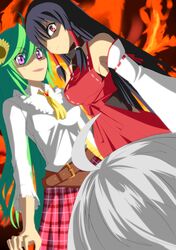  2girls absurdres ahoge anger_vein ascot belt black_hair breasts detached_sleeves flower green_hair hair_ornament hakurei_miko highres jewelry kazami_yuuka kazami_yuuka_(classic) long_hair long_sleeves morichika_rinnosuke multiple_girls purple_eyes red_eyes sideboob silver_hair sunflower touhou very_long_hair violet_eyes you_gonna_get_raped 