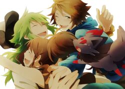  2boys ^_^ blush bracelet browen_hair brown_eyes brown_hair closed_eyes eyes_closed glomp green_hair hair_between_eyes happy hoodie hug jacket jewelry jumping kazu_sanbon laughing long_hair long_sleeves multiple_boys n_(pokemon) no_hat no_headwear open_mouth pokemon pokemon_(game) pokemon_bw ponytail shirt short_hair sideways_mouth simple_background sleeveless tears teeth touko_(pokemon) touya_(pokemon) vest wavy_hair white_background white_shirt wink wristband zorua 