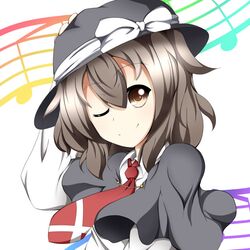  1girl brown_eyes brown_hair hat necktie okapia short_hair smile solo touhou usami_renko wink 