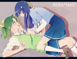 aoki_reika blue_eyes blue_hair blush cardigan girl_on_top green_eyes green_hair letterboxed long_hair midorikawa_nao multiple_girls necktie panmi ponytail precure school_uniform sleeves_rolled_up smile smile_precure! yuri 