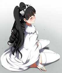  black_hair blush bridal_gauntlets closed_eyes drill_hair eyes_closed flower fur_trim gloves gradient gradient_background hair_flower hair_ornament highres jacket long_hair original simple_background sitting solo thigh-highs thighhighs tiara two_side_up umakatsuhai white white_gloves white_jacket white_legwear yokozuwari 