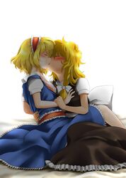  alice_margatroid blonde_hair blue_dress bon_(rump) bow braid breast_grab breasts dress french_kiss hair_bow hairband hand_on_another's_chest hand_on_another's_chest kirisame_marisa kiss long_hair multiple_girls no_hat no_headwear saliva short_hair short_sleeves simple_background single_braid sitting sitting_on_lap sitting_on_person skirt tears touhou vest white_background wrist_grab yuri 