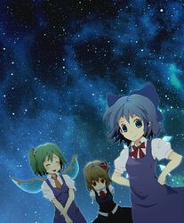  blonde_hair blue_eyes blue_hair bow cirno closed_eyes daiyousei eyes_closed green_hair hair_bow hair_ribbon highres multiple_girls neck_ribbon necktie night night_sky red_eyes ribbon rumia short_hair side_ponytail sky star_(sky) starry_sky touhou wings yoo_(tabi_no_shiori) 