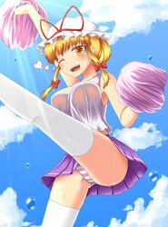  alternate_costume blonde_hair breasts cloud clouds hat leg_up panties pom_poms short_hair skirt sky solo striped striped_panties touhou toukaze_koori underwear white_legwear wink yakumo_yukari yellow_eyes 