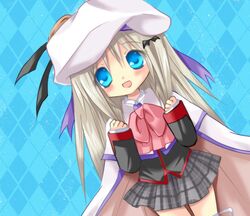  1girl ayabisu blue_eyes cape hat little_busters! long_hair noumi_kudryavka plaid plaid_skirt school_uniform silver_hair skirt thigh-highs 
