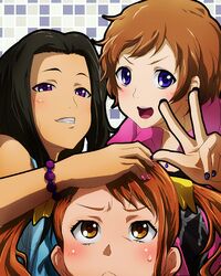  71 :< aki_(anohana) anjou_naruko ano_hi_mita_hana_no_namae_wo_bokutachi_wa_mada_shiranai black_hair blush bracelet brown_eyes brown_hair hand_on_head haruna_(anohana) jewelry multiple_girls nail_art nail_polish purple_eyes v violet_eyes 