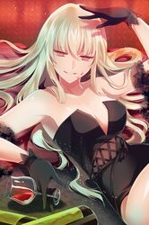  arm_up bare_shoulders blonde_hair breasts cleavage collarbone cup gloves holding light_smile long_hair lowres lying on_back open_mouth pink_eyes pointing reum smile strapless sword_girls wine_glass 