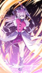  blue_eyes boots breasts fingerless_gloves fire gauntlets gloves grin h-new highres large_breasts levantine long_hair lyrical_nanoha magic_circle mahou_shoujo_lyrical_nanoha mahou_shoujo_lyrical_nanoha_a's mahou_shoujo_lyrical_nanoha_a's pink_hair ponytail sheath signum smile solo sword unaligned_breasts weapon whip_sword 