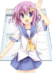  :d aoi_(kue) blue_eyes firefox_(browser) hair_ornament kue nuko_(mikupantu) open_mouth original pink_hair school_uniform serafuku short_hair skirt smile solo star thigh-highs thighhighs twitter white_legwear 