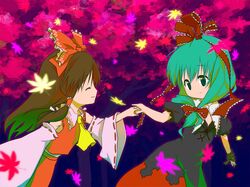  aqua_hair arm_ribbon ascot bow brown_eyes closed_eyes detached_sleeves eyes_closed front_ponytail green_hair hair_bow hair_ornament hair_ribbon hair_tubes hakurei_reimu hands_together happy kagiyama_hina leaf long_hair multiple_girls ribbon sawayaka_samehada short_sleeves smile touhou wide_sleeves 