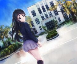  akiyama_mio alternate_hairstyle black_eyes black_hair black_legwear black_sock from_behind hime_cut k-on! long_hair school school_uniform solo tree uniform 