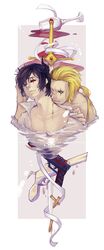 black_hair blonde_hair blood bullet cup gun handgun highres joseph_lee long_hair multiple_boys multiple_girls pixiv_fantasia pixiv_fantasia_sword_regalia ponytail ribbon spill vampire weapon wine_glass 