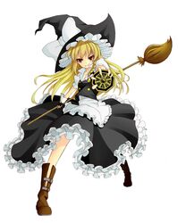  apron blonde_hair braid broom collarbone fingerless_gloves frills gloves grin hat highres ken123456 kirisame_marisa long_hair mini-hakkero puffy_sleeves short_sleeves side_braid single_braid smile solo touhou very_long_hair weapon white_background witch_hat yellow_eyes 