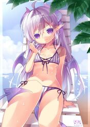  ahoge bikini breasts can demon_girl demon_tail demon_wings front-tie_top highres horns long_hair mofetousu_furuna navel original pointy_ears purple_eyes purple_hair saru side-tie_bikini soda_can succubus swimsuit tail vertical-striped_bikini vertical_stripes very_long_hair violet_eyes wings 