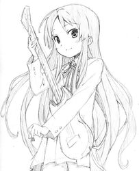  akiyama_mio alternate_hairstyle bass_guitar black_eyes black_hair hime_cut instrument k-on! long_hair monochrome nome_(nnoommee) school_uniform sketch solo uniform 