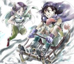  1girl bella_(dq5) borongo cape dragon_quest dragon_quest_v gloves hair_ornament hero_(dq5) lowres pointy_ears purple_eyes purple_hair short_hair sled snow turban violet_eyes 