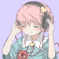  blush bust closed_eyes eyes_closed headphones heart hozumiare komeiji_satori pink_hair purple_background red_eye rough short_hair simple_background smile solo third_eye touhou 