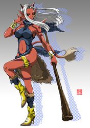  armlet blush bracelet breasts club dragon_quest dragon_quest_x fur highres horns jewelry long_hair midriff monster_girl navel ogre_(dq10) open_mouth pointy_ears red_eyes red_skin solo spikes tail weapon white_hair yanyou_sanren 