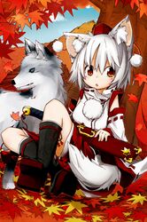  :o animal_ears blue_sky cloud clouds crossed_legs detached_sleeves detatched_sleeves geta hat high_collar inubashiri_momiji leaf legs_crossed looking_at_viewer maple_leaf mountain osa_(ppitch) pom_pom_(clothes) red_eyes scabbard sheath sheathed short_hair sitting skirt sky solo sword tabi tail tengu-geta tokin_hat touhou tree vest weapon white_hair wolf wolf_ears wolf_tail 