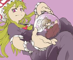  2girls ascot blonde_hair bow brown_hair bubble detached_sleeves dress hair_bow hair_tubes hakurei_reimu hat long_hair multiple_girls okashiya purple_dress size_difference smile touhou yakumo_yukari 