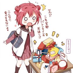  1girl ahoge akaza_akari bag check_translation desk double_bun gift hair_bun heart lowres namori o_o open_mouth red_hair redhead school_bag school_uniform serafuku short_hair solo surprised translated wavy_mouth white_day yuru_yuri 