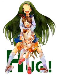  brown_hair cat closed_eyes eyes_closed fang green_hair hoshira_hagi kyon_no_imouto long_hair multiple_girls school_uniform serafuku shamisen_(suzumiya_haruhi) short_hair side_ponytail suzumiya_haruhi_no_yuuutsu tsuruya 
