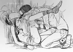  baseball_cap empty_eyes hat holding_legs kneeling leg_lift monochrome n_(pokemon) pokemon pokemon_(game) pokemon_bw ponytail shigeru short_shorts shorts sketch tank_top touko_(pokemon) vest wristband 
