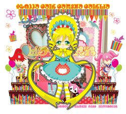  cake candeloro candeloro's_familiars candeloro's_familiars charlotte_(madoka_magica) dress food gift green_eyes heart ichigo_(strawberry) madoka_runes mahou_shoujo_madoka_magica personification smile tomoe_mami white_background 