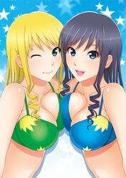  amagami asymmetrical_docking bikini_top black_hair blonde_hair blue_eyes breast_press breasts bust cleavage curly_hair kishida-shiki large_breasts morishima_haruka morishima_jessica multiple_girls smile star symmetrical_docking wink 
