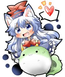  animal_ears blue_eyes blue_hair blush bow fang hat heart horns kamishirasawa_keine kamishirasawa_keine_(hakutaku) long_hair long_skirt multicolored_hair open_mouth puffy_sleeves rebecca_(keinelove) short_sleeves skirt solo sukusuku_hakutaku touhou two-tone_hair very_long_hair white_hair 
