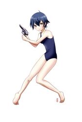  barefoot grey_eyes gun machinosuke one-piece_swimsuit persona persona_4 revolver school_swimsuit shirogane_naoto short_hair simple_background solo swimsuit weapon white_background 
