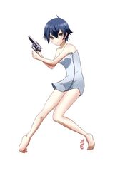  barefoot grey_eyes gun machinosuke naked_towel persona persona_4 revolver shirogane_naoto short_hair simple_background solo towel weapon white_background 