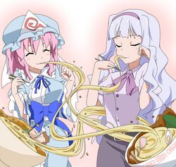  belt blue_hair blush breasts chopsticks closed_eyes crossover eating eyes_closed food fueiku hairband hat idolmaster japanese_clothes long_hair multiple_girls noodles pink_hair ramen ribbon saigyouji_yuyuko shijou_takane short_hair silver_hair skirt smile touhou triangular_headpiece 