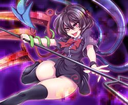  asymmetrical_wings black_hair highres holding houjuu_nue pink_eyes polearm short_hair snake solo thick_thighs thigh-highs thighhighs thighs tongue touhou trident uousa weapon wide_hips wings 