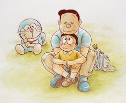  age_difference doraemon_(character) father_and_son hug hug_from_behind nobi_nobisuke nobi_nobita yoneemon 