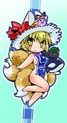  aburaage alternate_headwear barefoot blonde_hair blue_background bow breasts chen chen_(cat) chibi food fox_tail hair_ribbon hat hat_bow hat_ribbon ikuta_takanon multiple_tails naked_tabard ribbon short_hair sideboob simple_background smile solo tabard tail touhou yakumo_ran yakumo_yukari yellow_eyes 