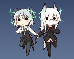  :3 animal_ears cat_ears cat_tail chibi glasses gloves green_eyes grey_hair hand_holding head_wings heidimarie_w_schnaufer hirschgeweih_antennas holding_hands military military_uniform multiple_girls necktie netachou panties pants pantyhose plaid_skirt running sanya_v_litvyak short_hair strike_witches tail thigh-highs thighhighs underwear uniform white_hair zettai_ryouiki 