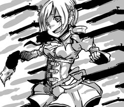  es_(eisis) gun hat laughing magical_girl mahou_shoujo_madoka_magica monochrome rifle tomoe_mami weapon 